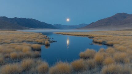 Obraz premium Lake at Night with Moon Reflecting In the Water Landscape Scenery