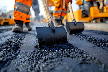 A road worker is pouring hot asphalt with shove
