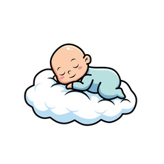 Adorable cartoon baby peacefully sleeping on a soft white cloud. Cute infant in blue pajamas, representing innocence, comfort, and peaceful dreams in a dreamy sky setting