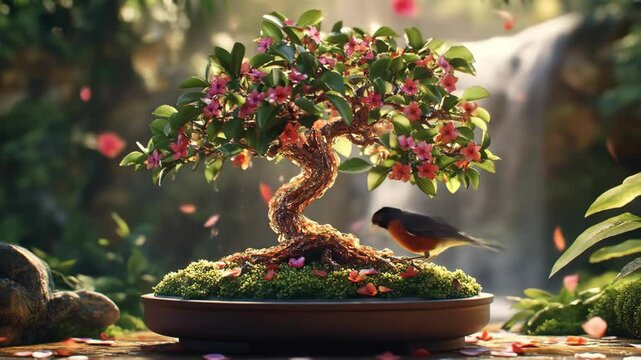 Flowering bonsai with bird and falling petals
