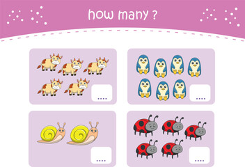 Count and match activity page for kids with cute wild animals. Elementary math for preschool and kindergarten. Vector illustration