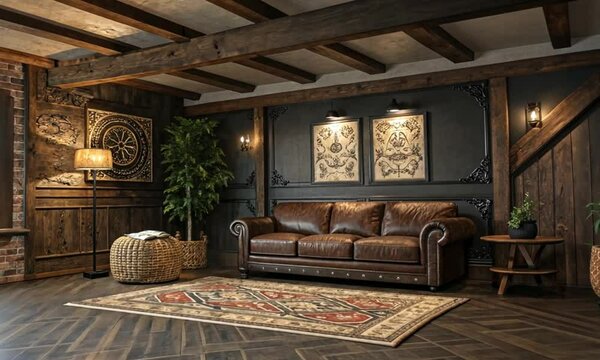 Luxury home interior features a classic living room with a fireplace, elegant sofa, and designer furniture, ideal for a comfortable hotel or apartment setting