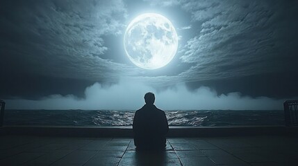 Man Silhouette Contemplates Full Moon Over Tranquil Sea Waterscape At Night