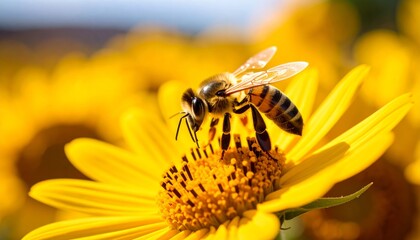 Bee Pollinating Bright Yellow Flower 