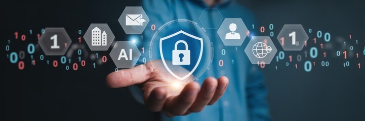Hand holding a digital shield representing security and futuristic technology.