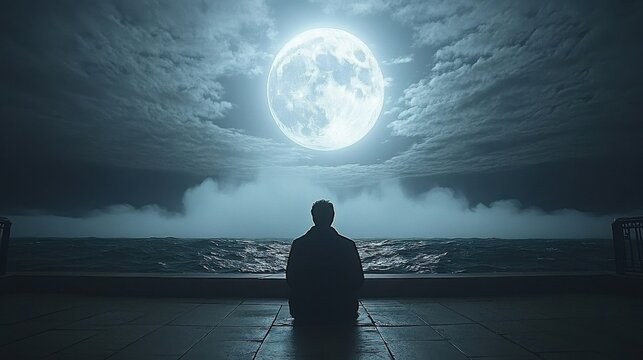 Man Silhouette Contemplates Full Moon Over Tranquil Sea Waterscape At Night