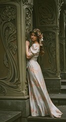 Obraz premium A woman in a flowing dress leans against an ornate architectural structure, gazing at the viewer.