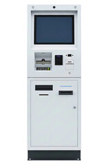 White self-service payment kiosk with a touch screen isolated on a transparent background