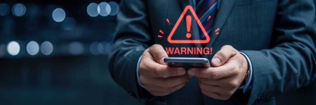 Businessperson holding a smartphone with a warning alert displayed.