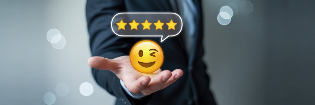 Hand holding a happy emoticon with positive feedback rating.