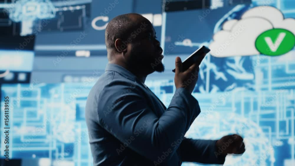 Poster african american it specialist calling a technician on his smartphone, talking about automation via 
