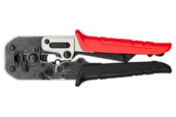 Professional wire crimping tool with red and black handles isolated on a transparent background