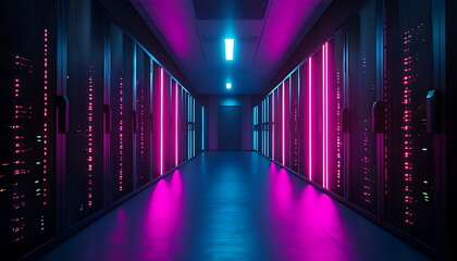 Fototapeta premium A long row of dark futuristic server cabinets