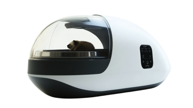 • A high-tech pet feeder with automatic portion control and camera integration, isolated on white background in HD 
