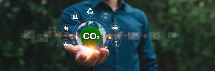 A person holds a digital representation of the earth with co2 emissions data displayed.