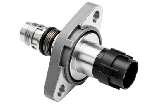 Automotive sensor with cylindrical metal housing and black wire connector isolated on a transparent background - Powered by Adobe