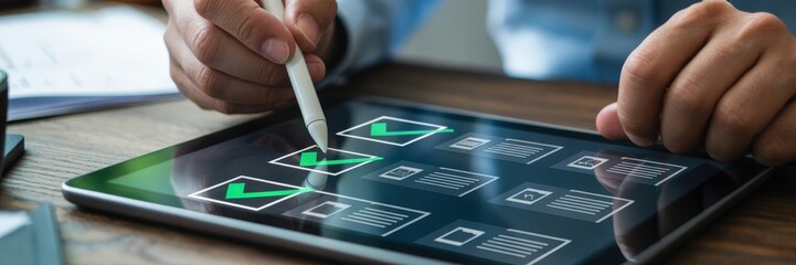Person using a stylus on a tablet with checkboxes.