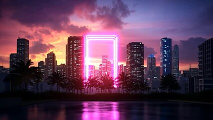 Urban cityscape at sunset with neon square illuminating skyscrapers palm trees and reflective water surface against a colorful sky creating a vibrant atmosphere - Powered by Adobe