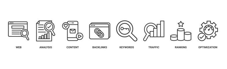 SEO banner web icon vector illustration concept for search engine optimization with icon of website, analysis, content, backlinks, keywords, traffic, ranking, and optimization