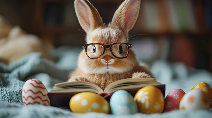 Adorable easter bunny reading a book wearing glasses surrounded by decorated eggs celebratory spring season holiday