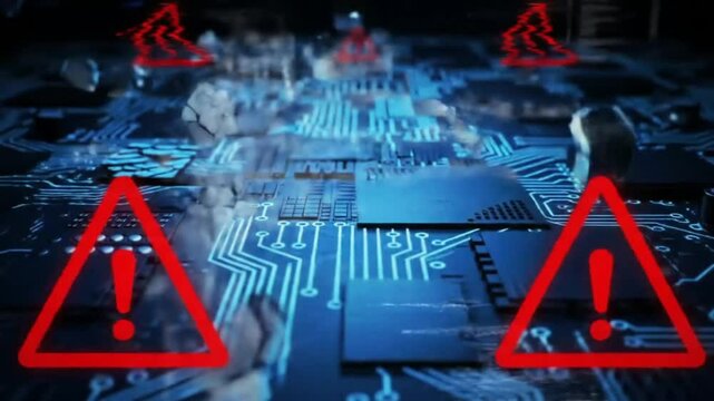 high-tech blue circuit board flickers as red warning signals and glitch effects appear across the surface. A cyber-attack simulation shows rapid data corruption and firewalls being breached
