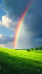 Vibrant rainbow arching over a lush green field, sunlit and idyllic Perfect for nature, weather, and fantasy themes Stunning colors and dramatic sky , image, meteorological, spring