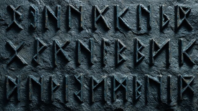 closeup ancient nordic runes carved in stone inside misty cave, dramatic viking heritage and mythology art. wallpaper texture template background web design