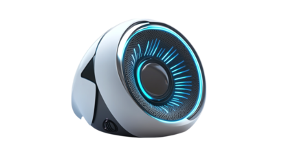 • A high-tech portable speaker with a futuristic design, isolated on white background in HD 