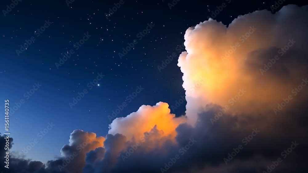 Wall mural dramatic cloudscape at night with starry sky displaying layers of color and light with white and ora