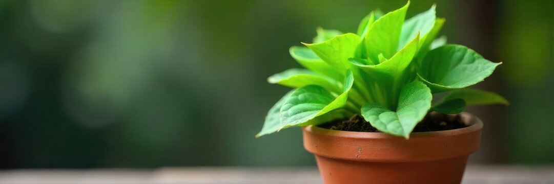 Fototapeta A vibrant green plant thrives in a rustic terracotta flowerpot, its leaves lush and healthy against a blurred background Perfect for home decor, gardening, and spring themes , ecology, environment