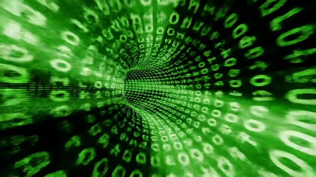 Green binary code tunnel, data stream, digital background, website header