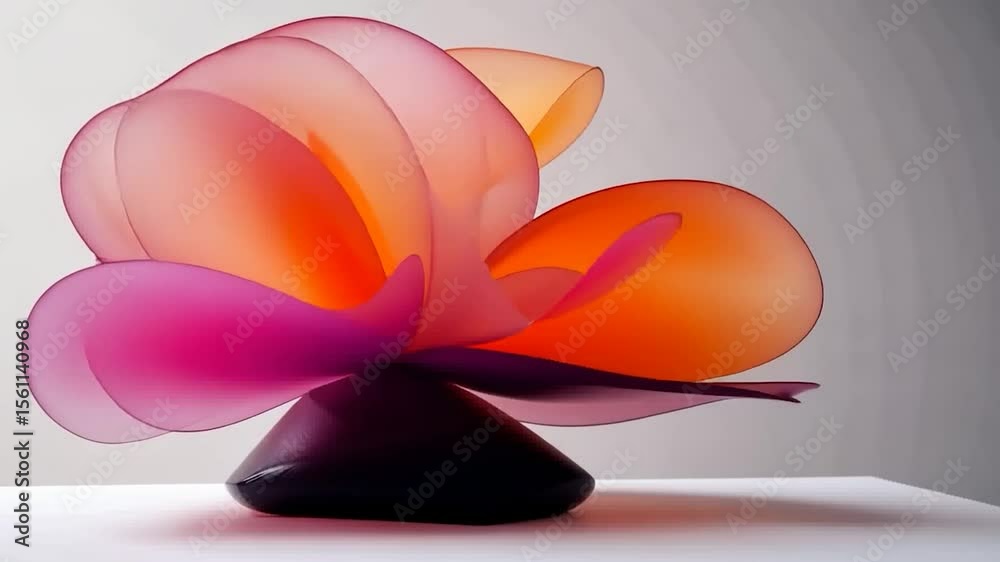 Wall mural abstract colorful sculpture with layered forms and a gradient of pink and orange hues resting on a d