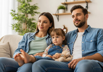Fototapeta premium Happy Family Watching TV Together at Home, Enjoying Quality Time