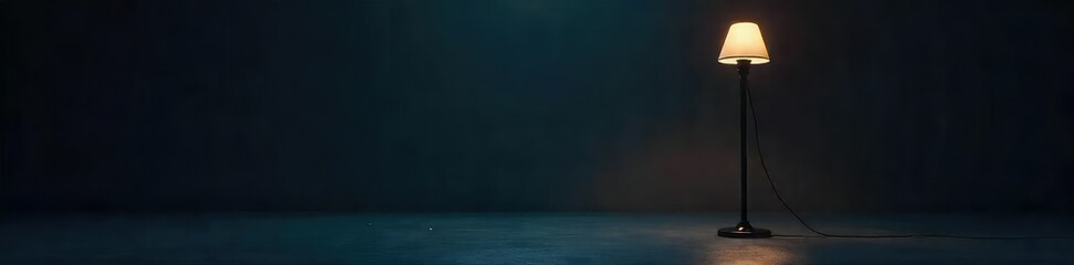A dark room, a single unplugged lamp, casting no light The cord hangs loose, symbolizing a power outage or deliberate disconnection , calm, outlet