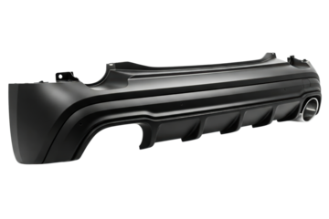 Black rear bumper car part with a sporty diffuser design isolated on a transparent background