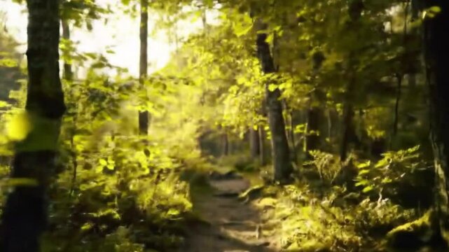  Cinematic walkthrough of a lush summer forest with golden sunlight streaming through dense green foliage. A narrow leafy footpath winds gently through the trees, dappled with light and shadow