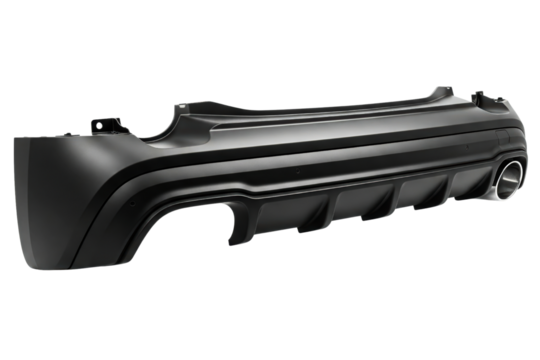 Black rear bumper car part with a sporty diffuser design isolated on a transparent background