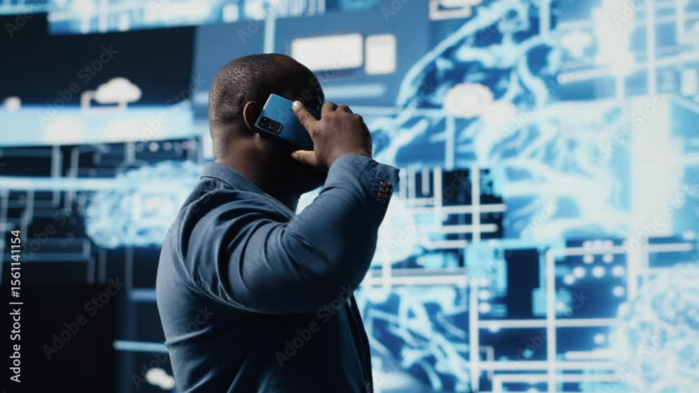 Poster african american it expert answers phone call to discuss deep learning through neural networks and a