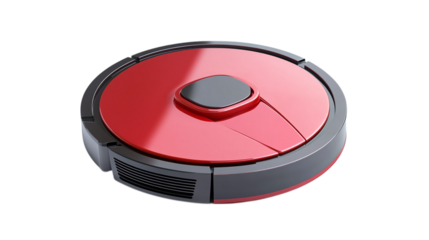 • A high-tech robotic vacuum cleaner with a modern design, isolated on white background in HD 