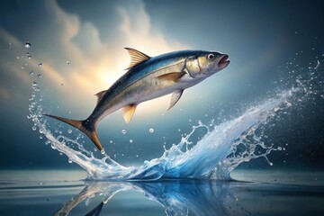 A powerful aquatic creature leaps from the water, creating a dramatic splash of crystalline droplets under a breathtaking sunrise