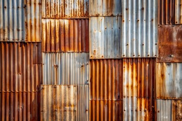 A Patchwork of Rusted Corrugated Metal Sheets, Showing the Effects of Time and Weathering on Industrial Building Materials