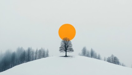 A solitary tree on a snow-covered hill, with a bright orange sun, and misty background