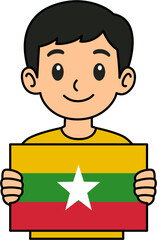 A man is holding the Myanmar flag