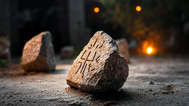 Ancient rune stone with inscriptions on the ground surrounded by other stones with bokeh lights in the background. Evokes a mystical and historical atmosphere