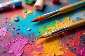 Obraz premium Two paintbrushes rest on a vibrant canvas, amidst scattered paint tubes and a palette knife, suggesting an ongoing artistic dialogue between colors and textures , studio, texture, painting