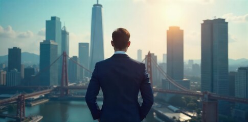 Fototapeta premium Confident executive in a sharp suit stands against a cityscape backdrop, radiating success and leadership Ideal for business, finance, and corporate branding projects , suit, business
