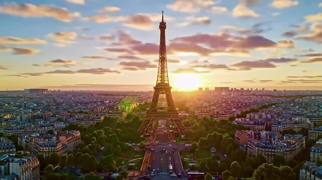 Paris sunrise Eiffel Tower aerial view, cityscape background, travel poster