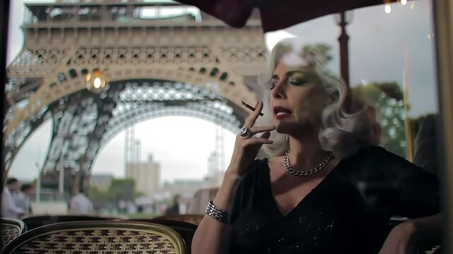 Parisian cafe Woman smoking, Eiffel Tower view