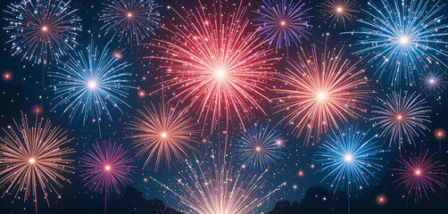 Naklejka premium A vibrant display of fireworks illuminating the night sky with bursts of color and light patterns