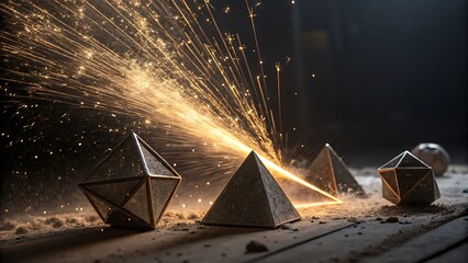 Geometric shapes on a surface with sparks flying around in a dark environment, a modern art piece
